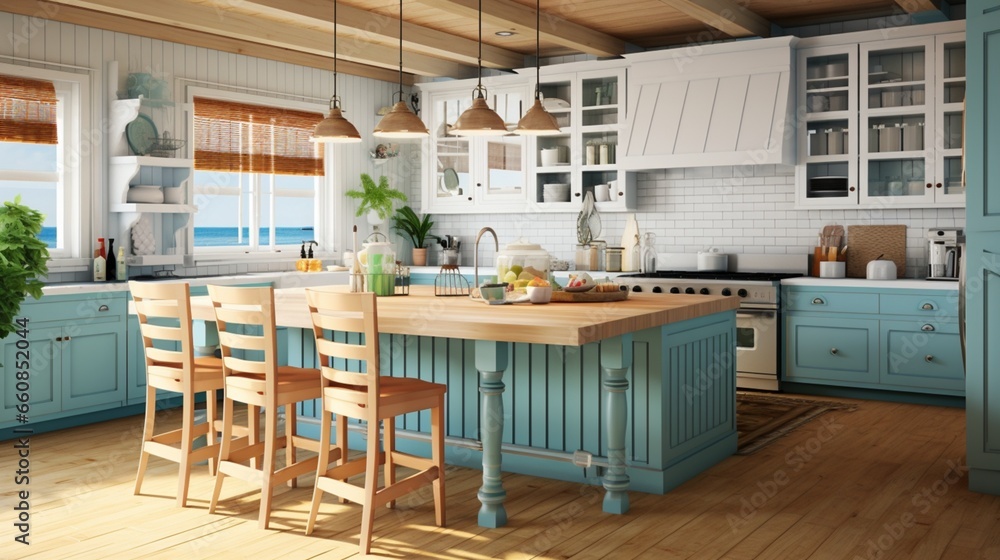 Revamp your kitchen with a coastal cottage design, incorporating beadboard cabinets and a nautical color palette