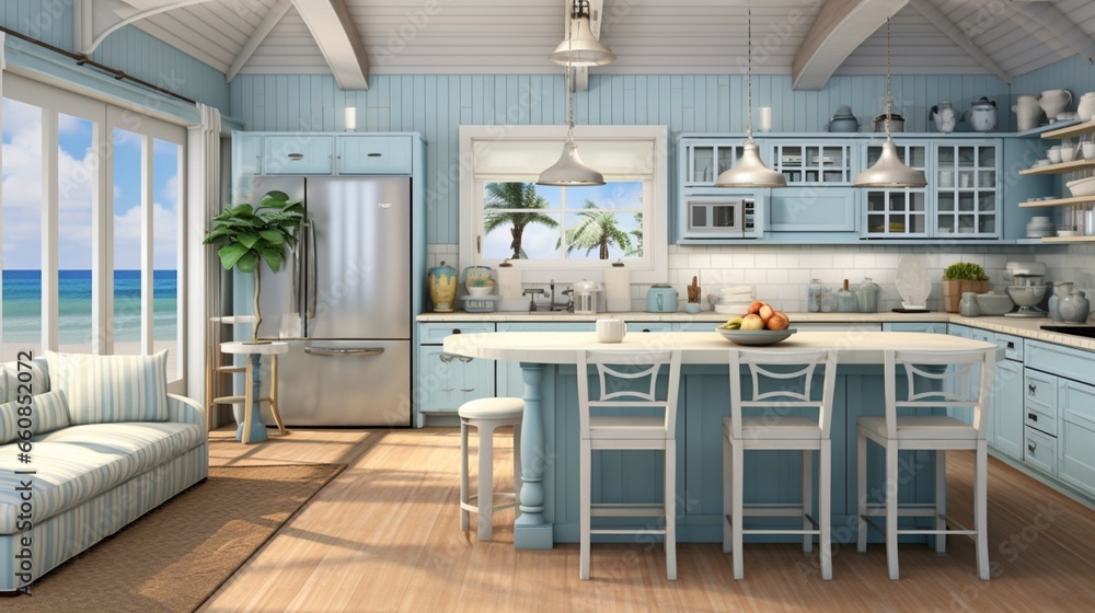 Revamp your kitchen with a coastal cottage design, incorporating beadboard cabinets and a nautical color palette