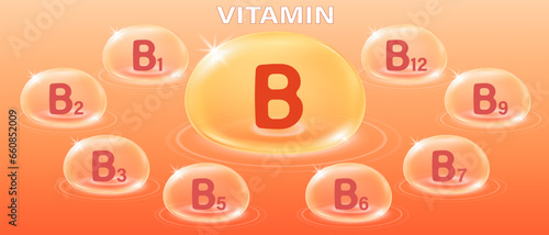 Vitamin B complex in bubble concept. Multivitamin. Vitamins complex banner for advertising, health, medical science. Beauty treatment skin care design. symbol for advertising nutrition products food.