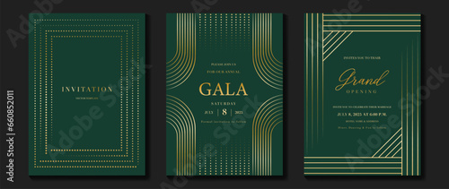 Luxury invitation card background vector. Golden elegant geometric shape, gold line, dot gradient on dark green background. Premium design illustration for gala card, grand opening, party invitation.
