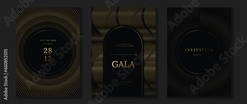 Luxury invitation card background vector. Golden elegant geometric shape, gold lines gradient on dark background. Premium design illustration for gala card, grand opening, party invitation, wedding.