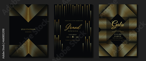 Luxury invitation card background vector. Golden elegant geometric shape, gold line, dot gradient on dark background. Premium design illustration for gala card, grand opening, party invitation.