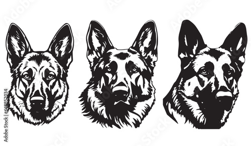 Dog heads, black and white vector, silhouette shapes illustration