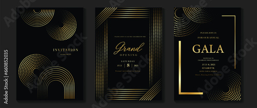 Luxury invitation card background vector. Golden elegant geometric shape, gold line, dot gradient on dark background. Premium design illustration for gala card, grand opening, party invitation.