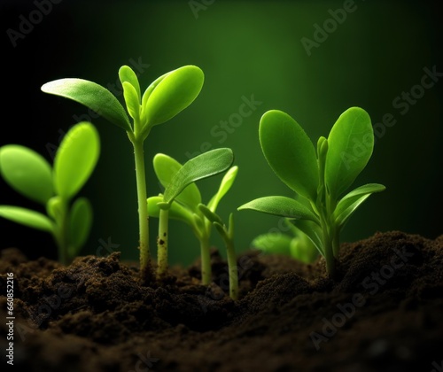 Vibrant Green Growth in a Lush Garden: Macro Shot of Tiny Plants Against Dark Background and Soil