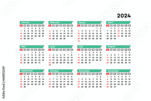 Calendar 2024, week start Sunday corporate design template vector.
