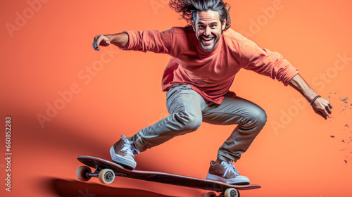 Dynamic man skillfully skateboarding.