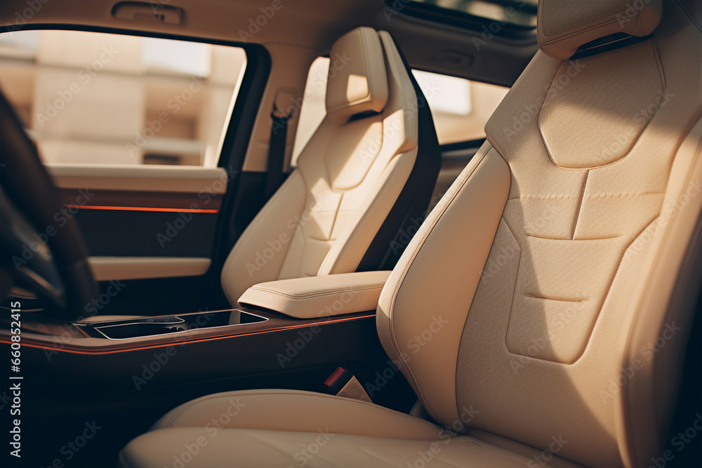 leather seats in a luxury car - obrazy, fototapety, plakaty 