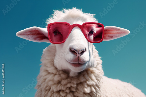 a sheep with pink glasses
