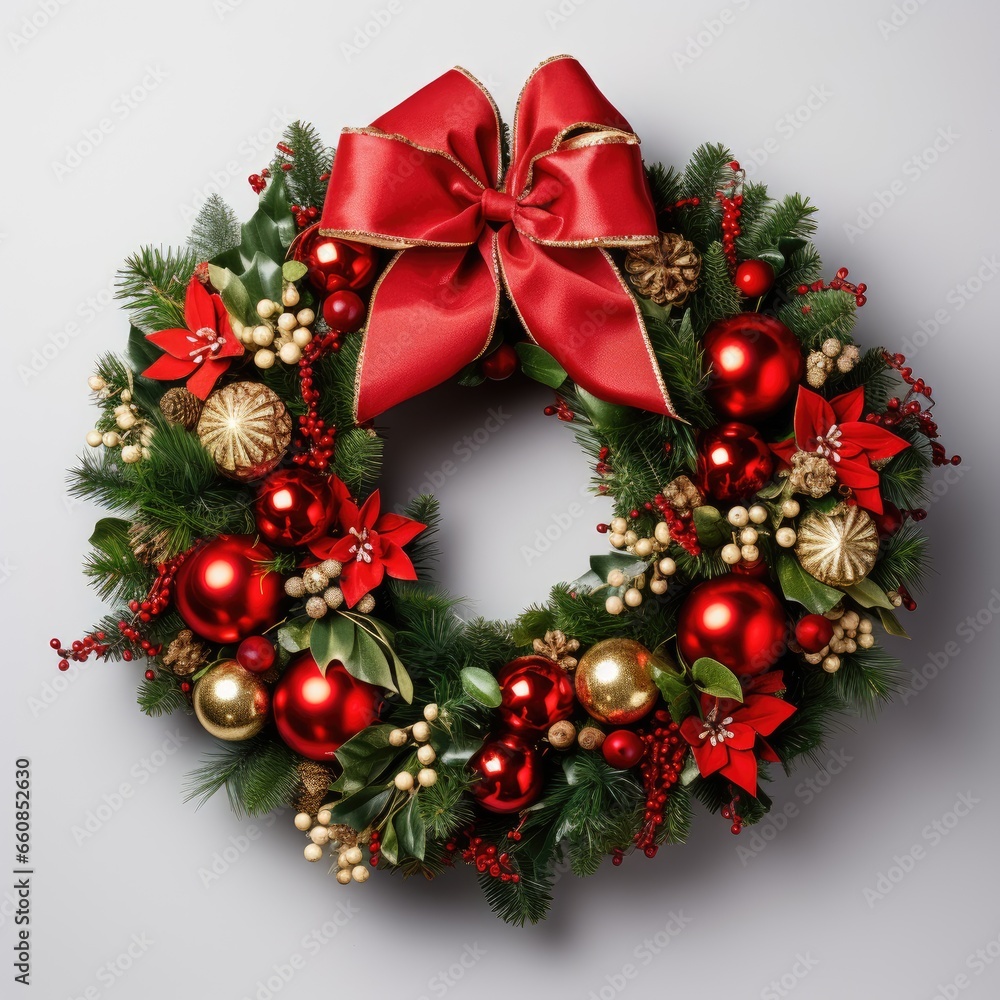 Festive Christmas Wreath with Various Ornaments on White Background Festive Christmas Wreath with Various Ornaments on White Background