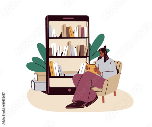 Online library with ebooks. Woman studying, reading electronic books from digital mobile app on smart phone. Internet education concept. Flat graphic vector illustration isolated on white background