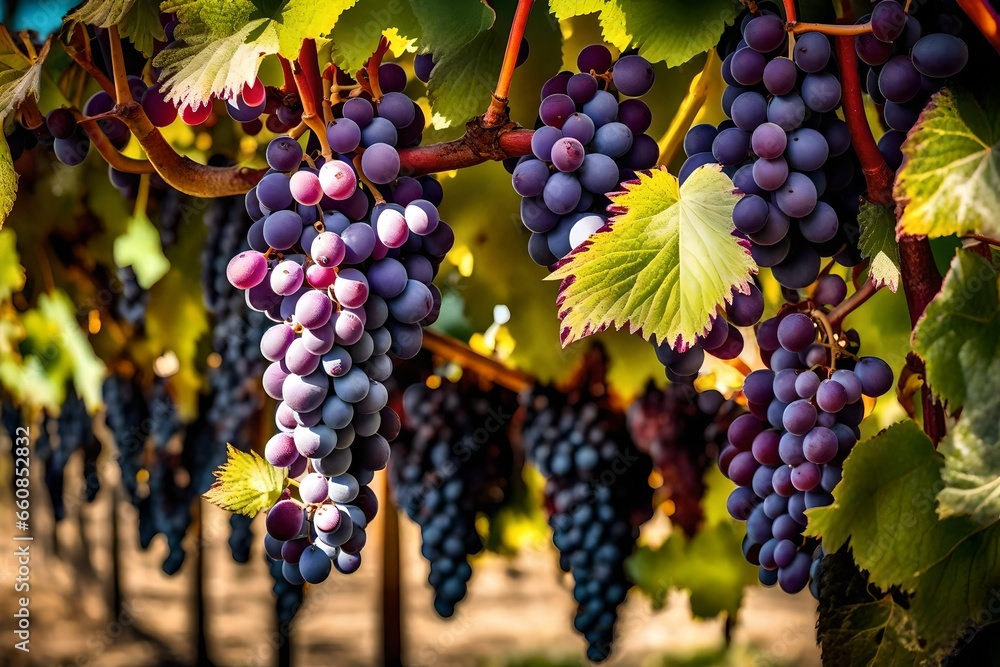 A cluster of shiny, purple grapes hanging from a vine in a vineyard.