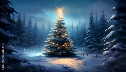 Christmas tree with lights and a star against the backdrop of a winter landscape with fir trees, snow and sky at night. Anime New Year and Christmas concept.Generative AI