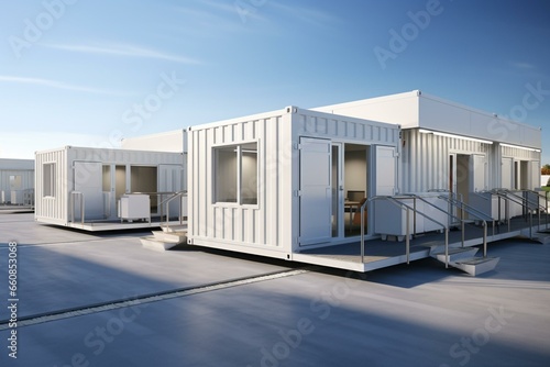 3D visual of mobile construction office with white containers and cabins. Generative AI