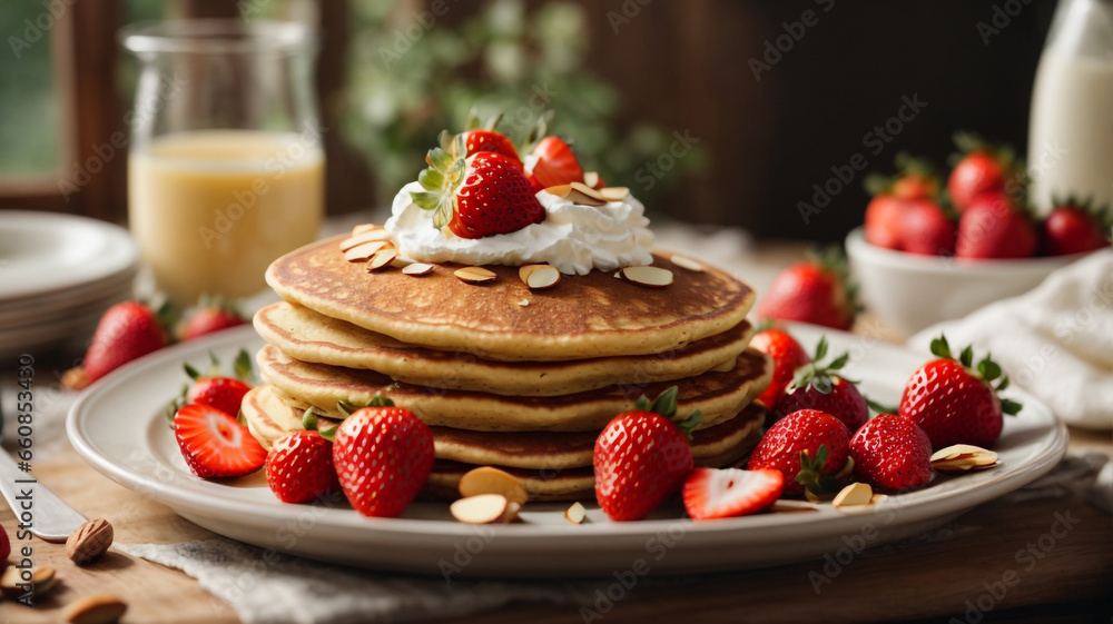 Stacked blueberry pancakes on plate with syrup fruits on white plate pancakes with strawberries red currants 3 Stacked blueberry pancakes on plate with syrup fruits on white plate pancakes with strawberries red currants 3