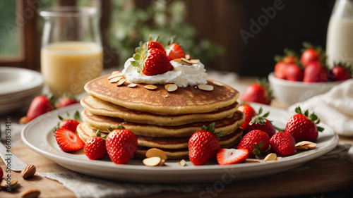 Stacked blueberry pancakes on plate with syrup fruits on white plate pancakes with strawberries red currants 3