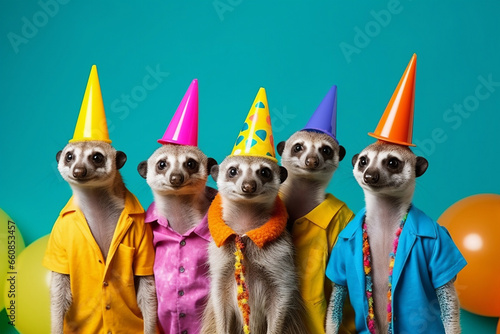 happy birthday party, meerkats in caps photo