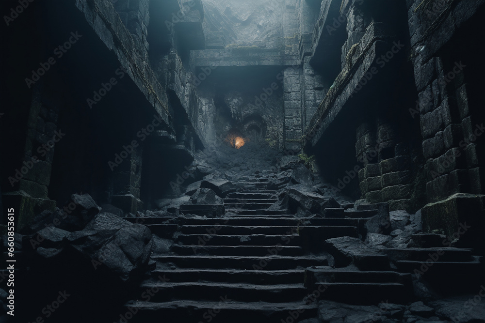 gloomy dungeon, steps leading up Stock Illustration Adobe Stock