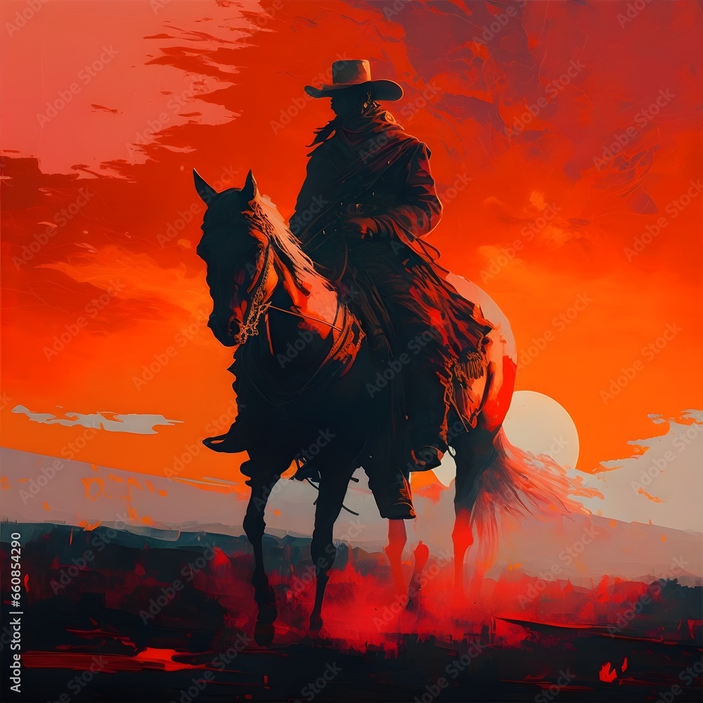 abstract western buff bald man on horse red sky oil 