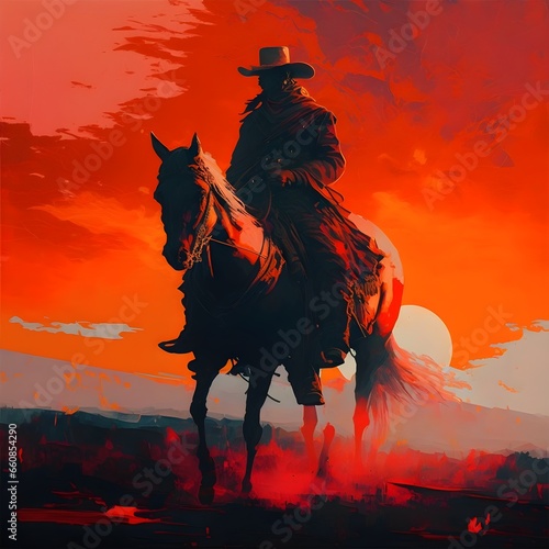 abstract western buff bald man on horse red sky oil 