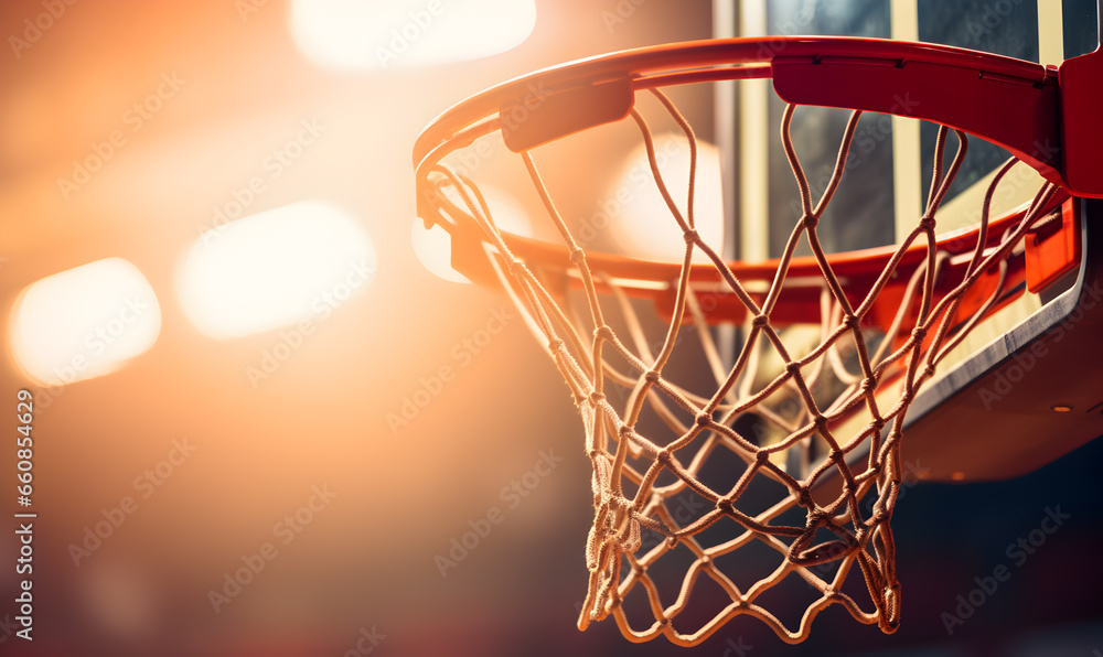 Detail of basket ball being dunk into the basketball net.