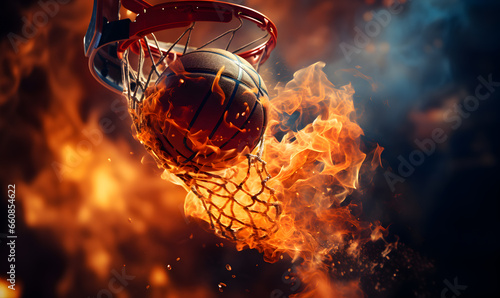 Detail of basket ball being dunk into the basketball net on fire. © Jan
