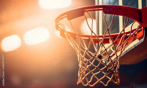Detail of basket ball being dunk into the basketball net. photo