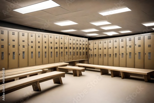 A gym locker room with rows of lockers and benches.
