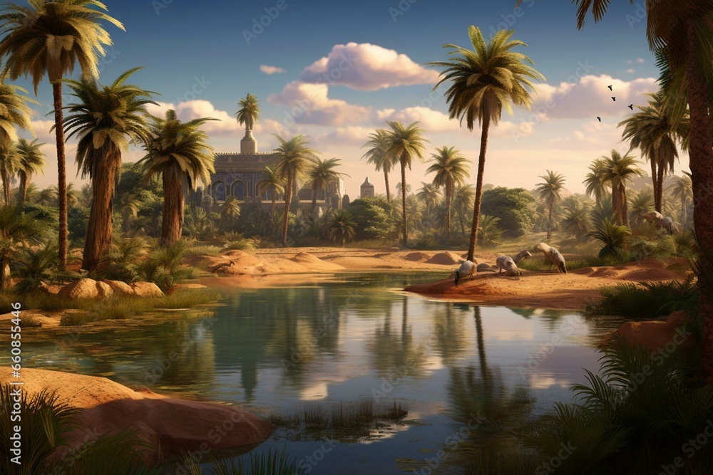 A serene scene with palm trees, a pond, and an oasis in the desert sands. Generative AI