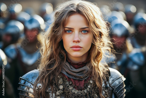 Captivating depiction of young, likable Joan of Arc in medieval French war armor. photo