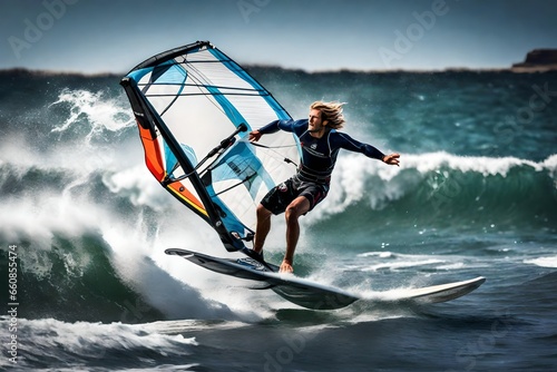 A windsurfer catching a strong gust of wind as they skim across the water. photo
