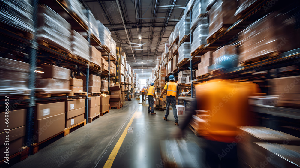 Warehouse employees in action with blurred motion effect, moving shipment logistics