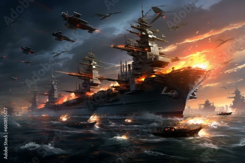 A powerful fleet with warships and fast combat planes. Generative AI