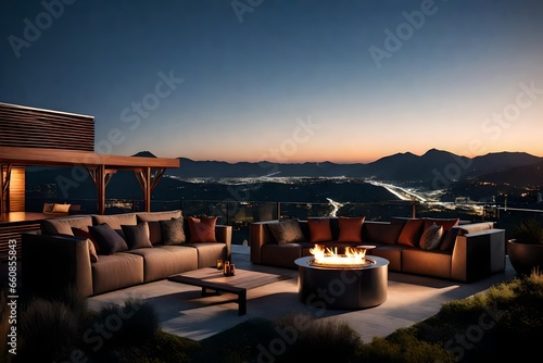 A rooftop lounge with comfortable seating, a fire pit, and panoramic views of the surrounding landscape. © Tae-Wan