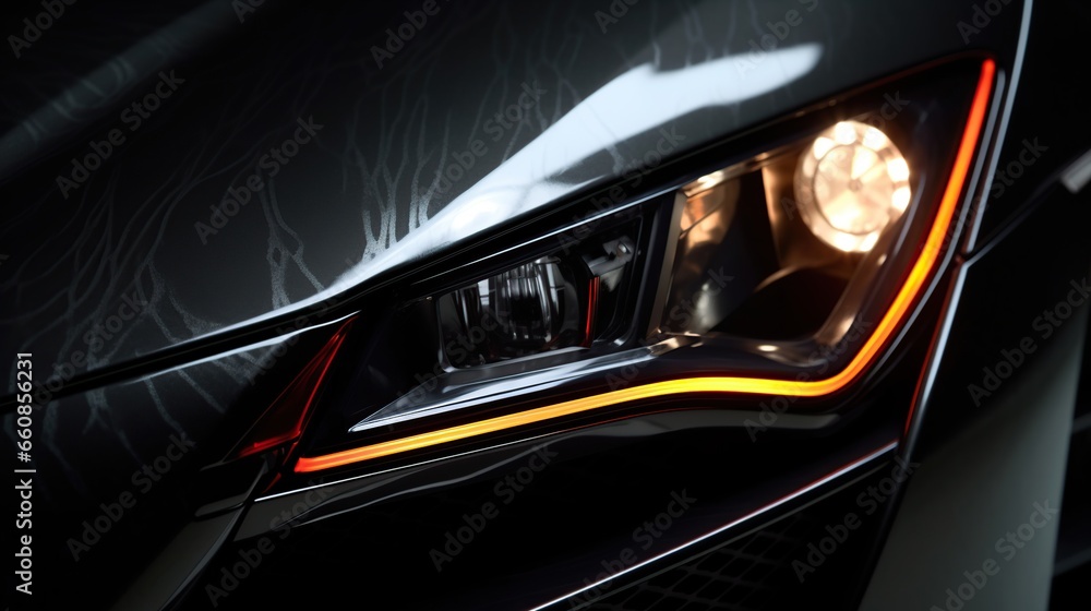 modern front view black car headlights on black background