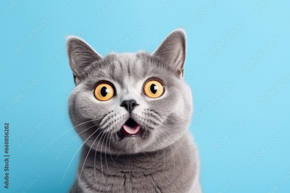 The muzzle of a surprised cat on a blue background.