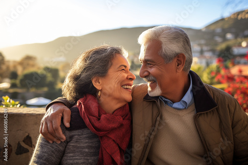 An elderly Hispanic couple enjoying outdoors, their love palpable, reflecting a Latin American immigrant's fulfilling retirement 