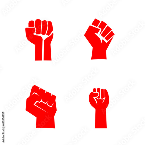 isolated vector illustration. Raised fist set red logo icon