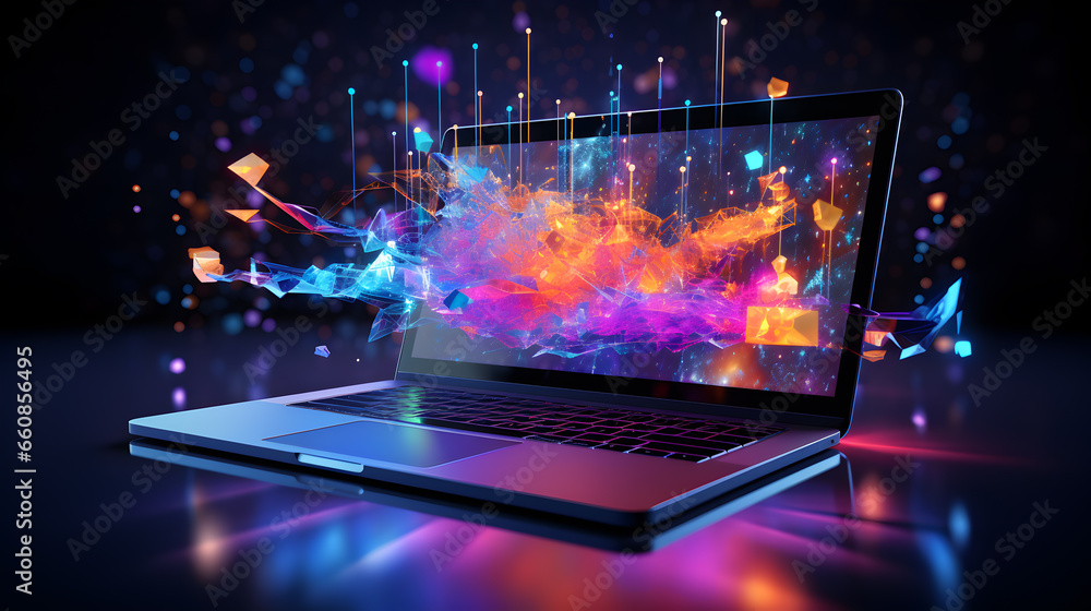 Laptop with analytical data, Management System on computer to make report with KPI and metrics connected to database Laptop with analytical data, Management System on computer to make report with KPI and metrics connected to database