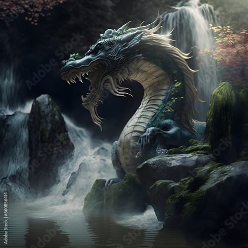 Chinese water Dragon waterfall Spirit god Lake cinematic lighting volumetric lighting 