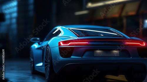 modern blue sports car seen from the back side in garage