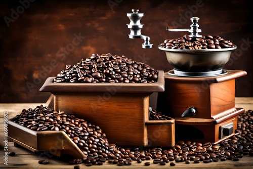 A vintage coffee grinder with whole coffee beans in the hopper.