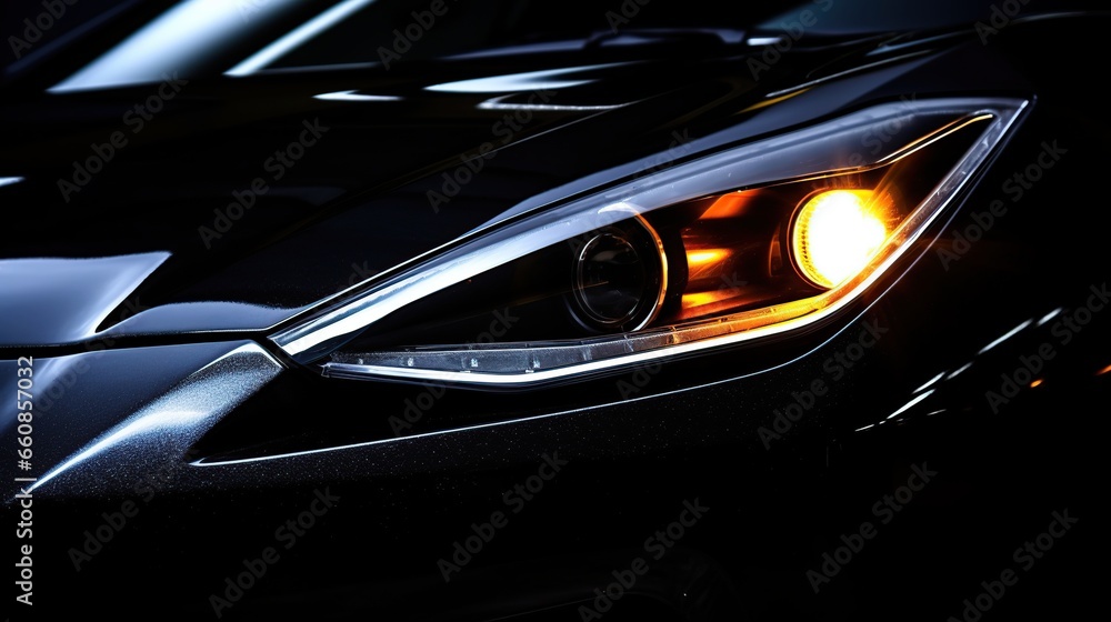 modern front view black car headlights on black background