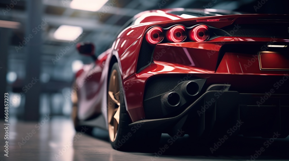 modern red sports car seen from the back side in garage - obrazy, fototapety, plakaty 
