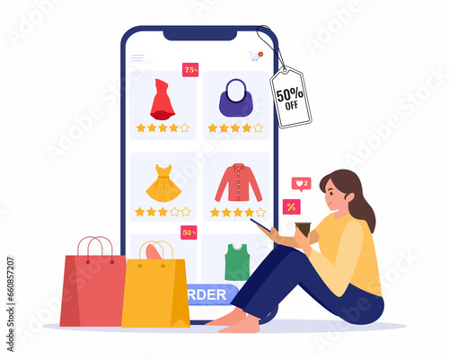 Women choosing and buying goods online shopping Big Discount, black Friday on Phone