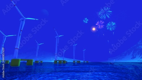 Postal navidad y año nuevo plataformas de energía eólica marina flotante con fuegos artificiales desde un barco remolcador photo
