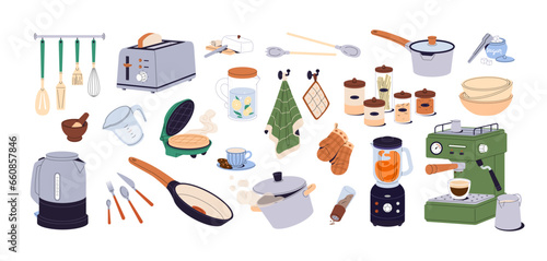 Kitchen utensils, accessory set. Tableware: cup, jug, jar, knife. Cooking appliances: teapot, coffee machine, toaster. Kitchenware, cookware. Flat isolated vector illustration on white background