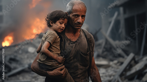 Obraz na płótnie Man carries body of crying child in Palestine war with buildings And there's smo