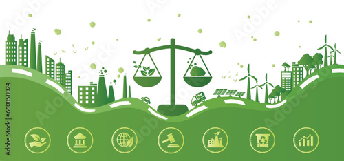 Green rights and law or environment law for better living with eco friendly and sustainable future. Green environment template with isolated icons. Modern flat infographic, vector illustration.