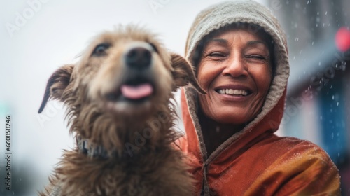 An elderly woman and her dog share joy under the rain in their colorful raincoats.